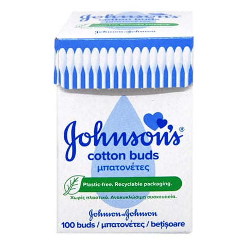 Pack of 100 Johnson's Johnsons cotton swabs from Jag Couture London New York, showing soft cotton tips and plastic sticks.