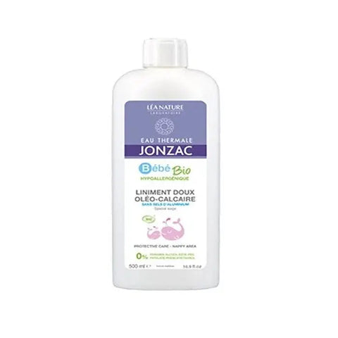Jonzac Bébé Bio gentle oleo-calcareous 500ml bottle, natural baby skincare product with a white and blue label, used for sensitive skin.