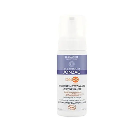Jonzac Détox Oxigenating Cleansing Mousse 150ml, a foaming facial cleanser with a sleek white bottle and pump dispenser.