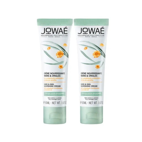 Jowaé Hand and Nail Nourishing Cream 2x50ml jars with cream applied to hands and nails, featuring elegant packaging.