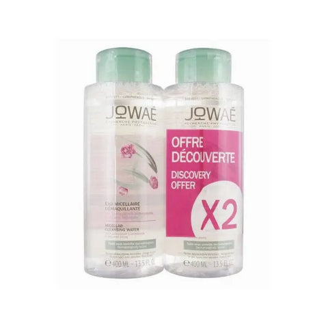 Jowaé Micellar Cleansing Water 2x400ml bottles with clear liquid, suitable for gentle facial cleansing, by Jag Couture London New York.