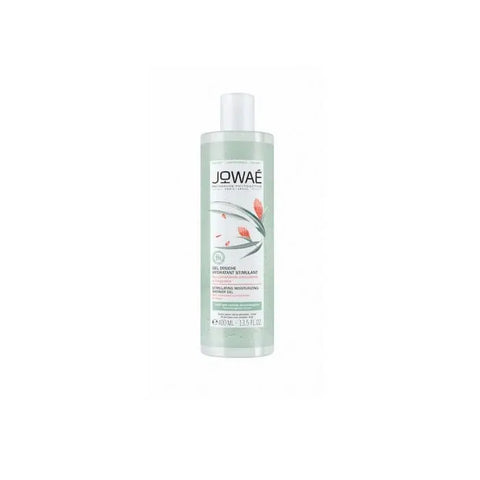 Jowae moisturizing stimulating shower gel 400ml in a clear plastic bottle with a pump, labeled with brand and product details.