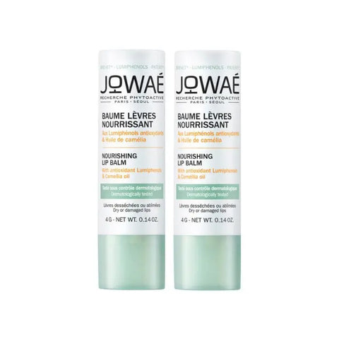 Jowaé Nourishing Lip Balm set with two 4g tubes, featuring natural ingredients for soft, moisturized lips.