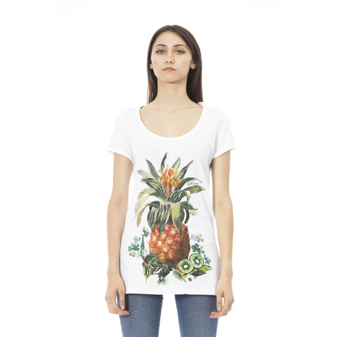 Just Cavalli beachwear top in white and orange with distinctive logo print, styled for summer beachwear.
