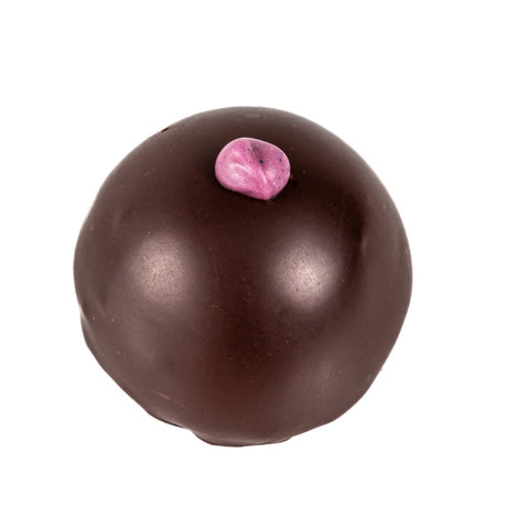 Violet and gin crème fraîche in dark chocolate, 14g, by Jag Couture London in an elegant, dark chocolate packaging.