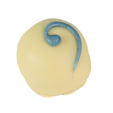 Blueberry and balsamic vinegar in white chocolate by Jag Couture London New York, 14g, shown in a close-up image.