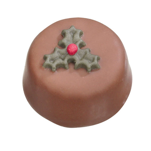 Milk caramel chocolate with holly decoration from Jag Couture London-New York, featuring smooth milk chocolate and caramel filling.