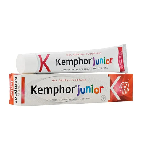 Kemphor Junior Tooth Gel 75ml by Jag Couture London, showing the toothpaste tube with branding and colorful packaging.