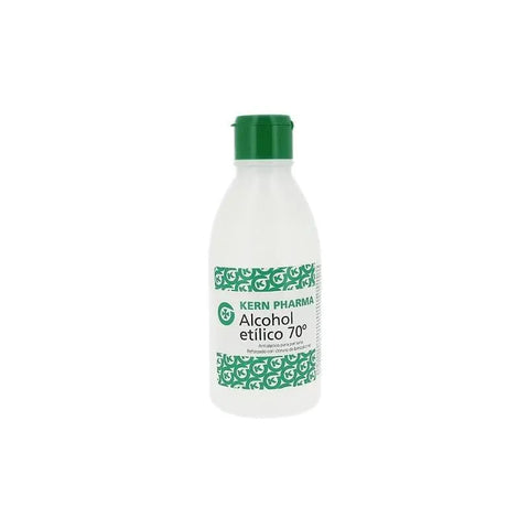 Kern Pharma Alcohol 70% in 250ml bottle, used for sanitizing, shown with clear liquid and label on the bottle.