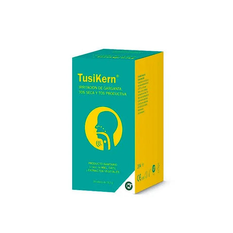 Kern Pharma Tusikern 20 sachets, a dietary supplement, with packaging featuring branding from Jag Couture London and New York.