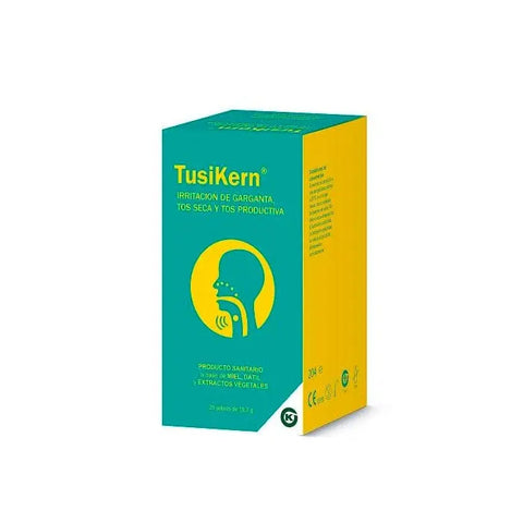 Kern Pharma Tusikern 20 sachets, a dietary supplement, shown in a box with individual sachets on a white background.