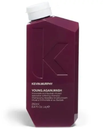Kevin Murphy Young Again Wash restoring shampoo for aging hair, 250ml, with nourishing formula, displayed in a sleek bottle.
