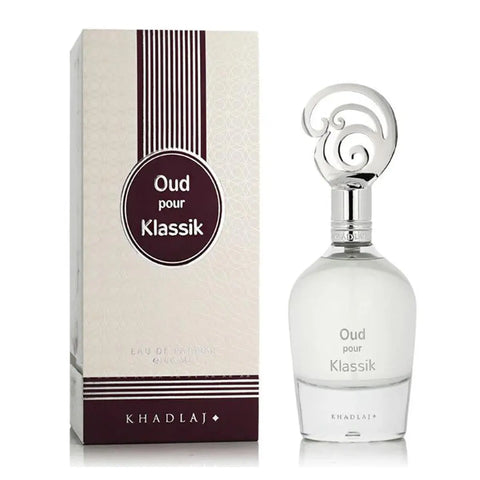 Khadlaj Our Pour Klassik Eau De Parfum 100ml bottle by Jag Couture London featuring elegant glass perfume bottle with gold accents.