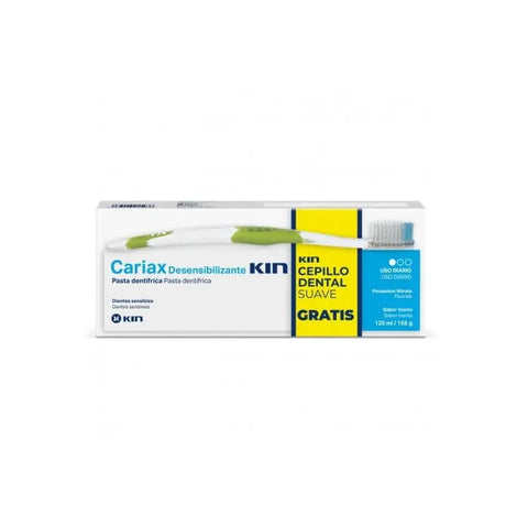 Kin Cariax Sensitive Teeth Toothpaste 125ml with GIF toothbrush by Jag Couture London New York, showing toothpaste tube and toothbrush.