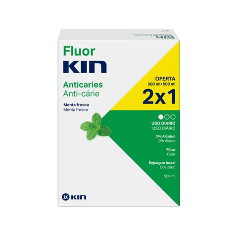 Kin Fluorkin mouthwash bottles by Jag Couture London and New York, 2x500ml, showing the product label and packaging
