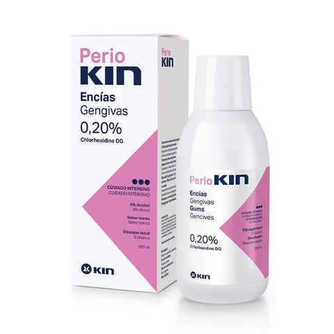 Kin Periokin Gingival Mouthwash 0.20% in a 250ml bottle, designed for gum health, by Jag Couture London New York.