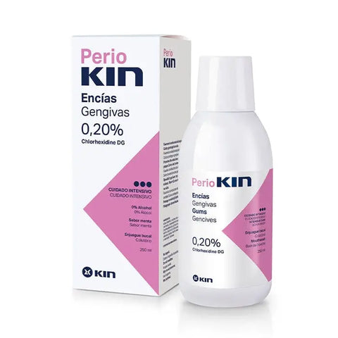 Kin Periokin Gingival Mouthwash 0.20% in 250ml bottle by Jag Couture London New York, showing the mouthwash bottle with label.