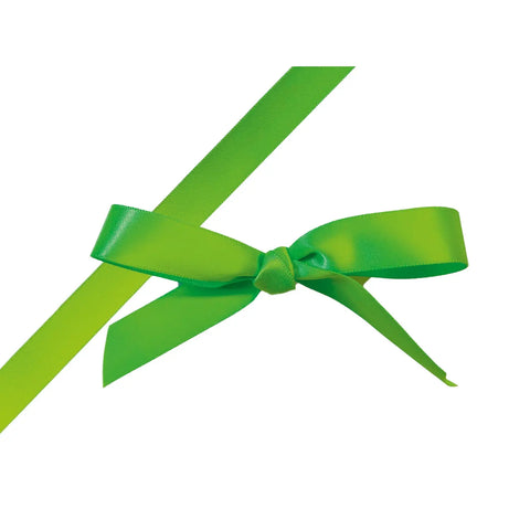 Bright green Kiwi single-faced satin ribbon by Jag Couture London - New York, showcasing smooth shiny fabric and elegant finish.
