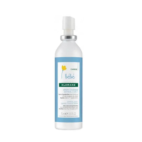 Klorane Baby Change Spray Eryteal 3-in-1 75 ml, a gentle spray for diaper area, with brand packaging visible.
