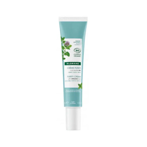 Klorane Bio Aquatic Mint Purifying Cream 40ml with fresh mint leaves and skincare packaging, designed for deep cleansing.