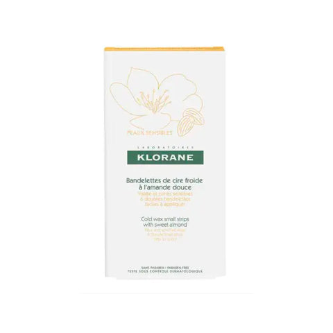 Klorane hair removal cold wax strips for face, with packaging showing strips and application instructions, by Jag Couture London New York.