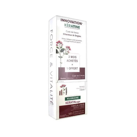 Klorane Keratin Hair Fortification capsules by Jag Couture London-New York, showing 90 capsules in a sleek container.