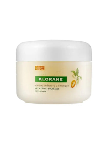 Klorane Nutritive Mango Mask 150ml in a white jar, featuring mango extract for nourishing hair, with brand label visible.