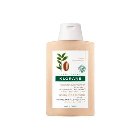 Klorane Organic Cupuaçu Butter Shampoo 200 ml bottle with a white and green label, displayed on a neutral background.