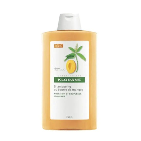 Klorane mango butter shampoo bottle, 400ml, with a sleek design and label, displayed on a neutral background.