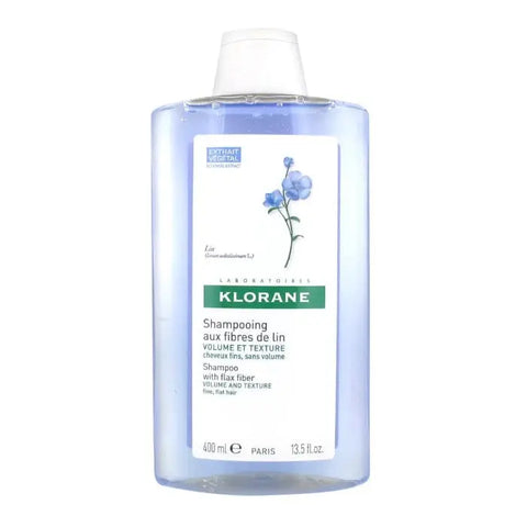 Klorane Volume and Texture Shampoo with Flax Fiber 400ml, featuring thickening and volumizing formula, shown in a clear bottle.