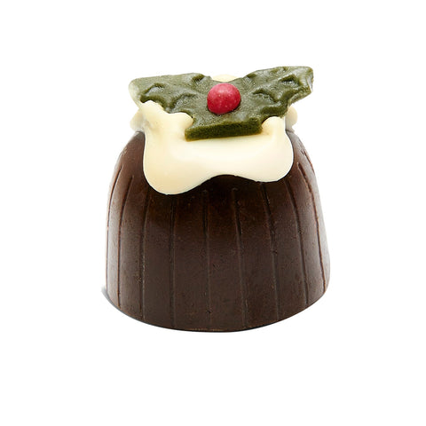 Dark chocolate rum Christmas pudding truffle with white chocolate holly decoration, approximately 12g, from Jag Couture London - New York.