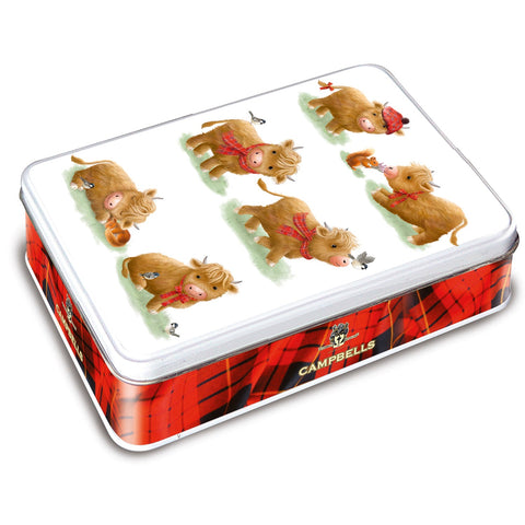 Highland Cow tin of assorted shortbread shapes by Jag Couture London featuring cute cow illustrations, perfect for gifting.