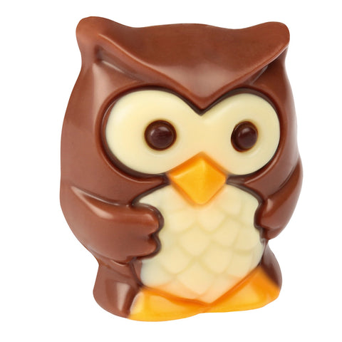 Milk chocolate owl with hazelnut praline filling, 13g, by Jag Couture London - New York, showing detailed owl-shaped chocolate piece.