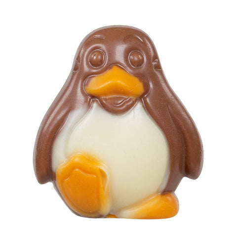 Milk chocolate decorated penguin with hazelnut filling, 13g, by Jag Couture London - New York, shown with detailed chocolate design.
