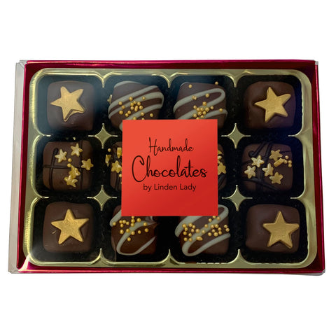Linden Lady 12 chocolate-covered fudge pieces in a long red box with a clear cello lid by Jag Couture London - New York.