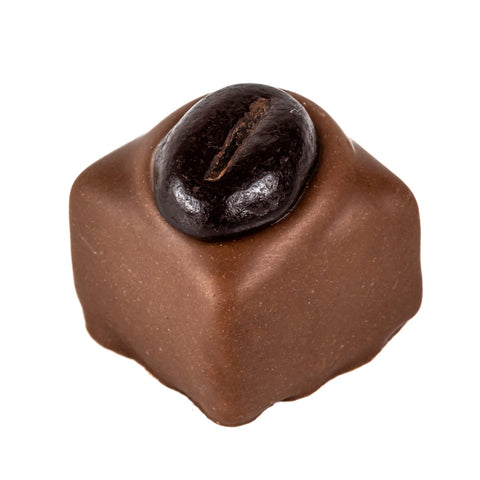 Milk chocolate praline with coffee bean décor from Jag Couture London, a 16g coffee praline candy.