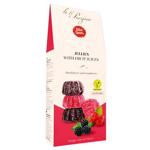 Assorted Italian blackberry and raspberry fruit jellies from Jag Couture London New York arranged on a white plate.