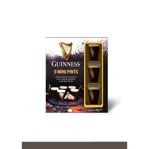 Jag Couture London New York Guinness milk and white chocolate mini pints in acetate carton, 9-piece set, detailed view of chocolates.