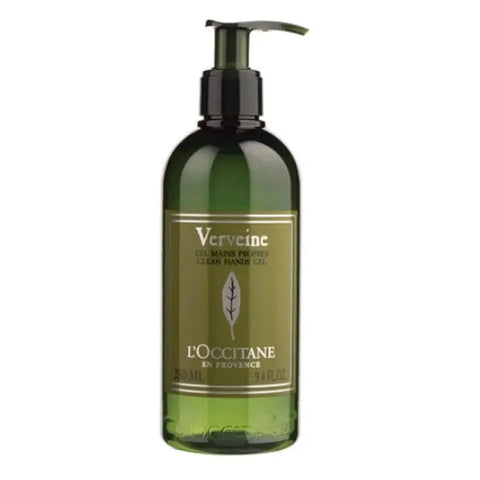 L'Occitane Verbena hand sanitizer in 280ml bottle with green and white label, placed on a clean surface.
