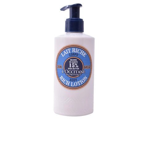 L'Occitane Karite Leche Corporal 250ml body lotion bottle with a white and gold label, displayed on a neutral background.