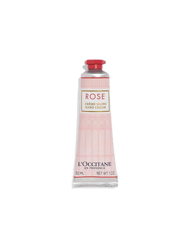 L'Occitane Rose Hand Cream 30ml jar with pink rose design, featuring a silver cap and elegant packaging.
