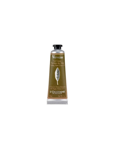 L'Occitane Verbena hand gel in a 30ml bottle, with fresh, vibrant verbena leaves and clear gel visible inside.