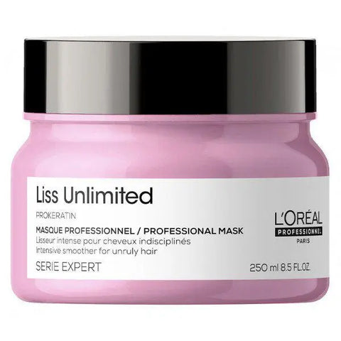 L'Oréal Professionnel Liss Unlimited professional hair mask 250ml in a jar, designed for smooth, frizz-free hair care.