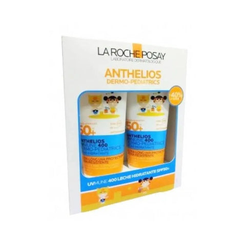 La Roche Posay Anthelios UVmune 400 SPF50+ moisturizing milk for children, 2x250ml bottles, with pump dispensers.