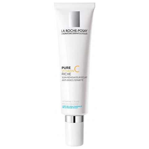 La Roche Posay Pure Vitamin C Riche 40ml skincare bottle, with orange and white packaging, on a neutral background.