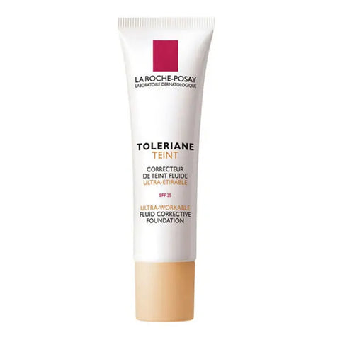 La Roche Posay Toleriane Teint Fluid N11 in 30ml bottle, with a smooth, light beige foundation applied on the face.