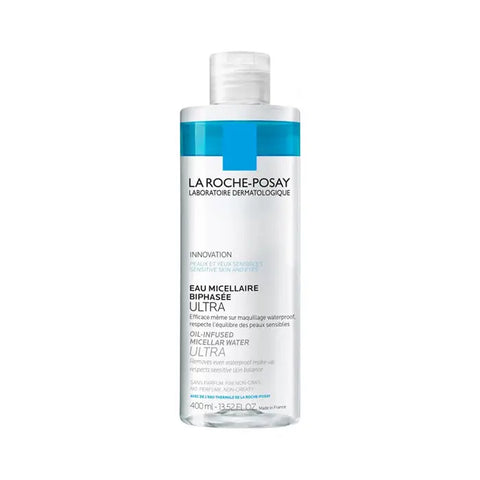 La Roche Posay Ultra Sensitive Skin Two-Phase Micellar Water 400ml bottle, gentle skincare product with clear liquid in a pump bottle