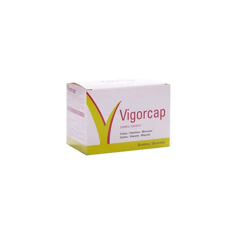 Vigorcap dietary supplement envelopes by Laboratorios Viñas, showcasing 30 individual foil packets with branding and product info.