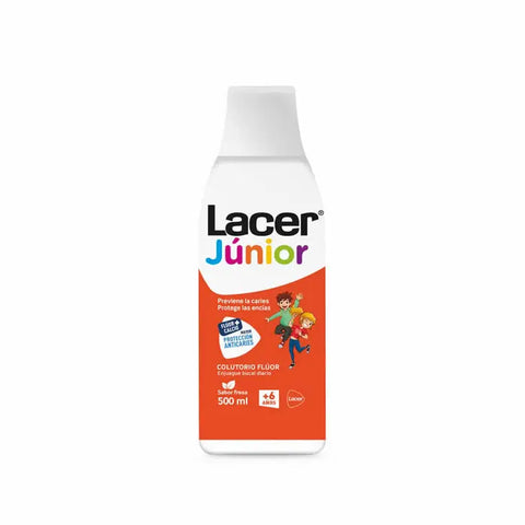 Lacer fluoride daily mouthwash in strawberry flavor, 500ml bottle, by Jag Couture London New York.