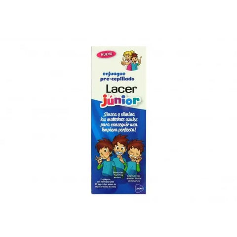 Lacer Junior Pre-Brush Rinse 500ml bottle by Jag Couture London New York, featuring child-friendly dental rinse packaging.